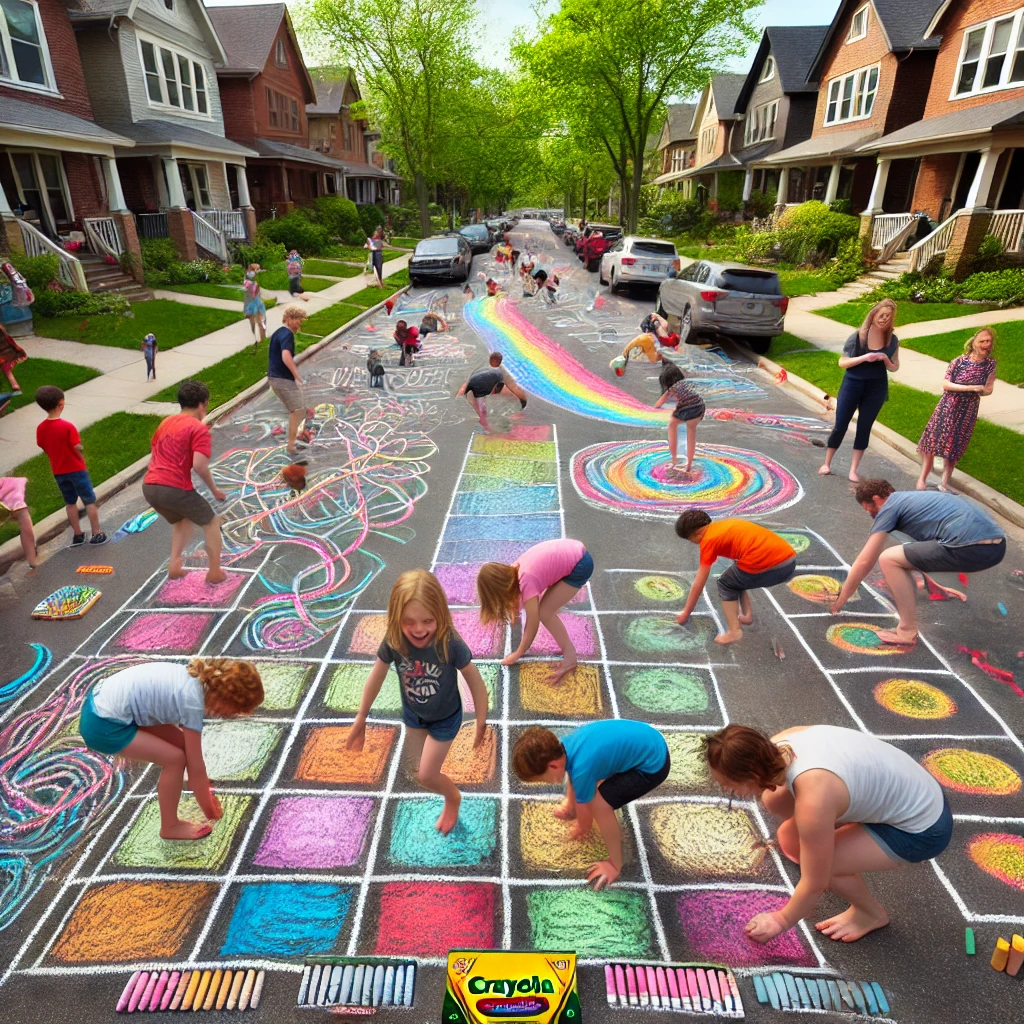 Children enjoy a sidewalk chalk extravaganza with colourful hopscotch and Twister games.