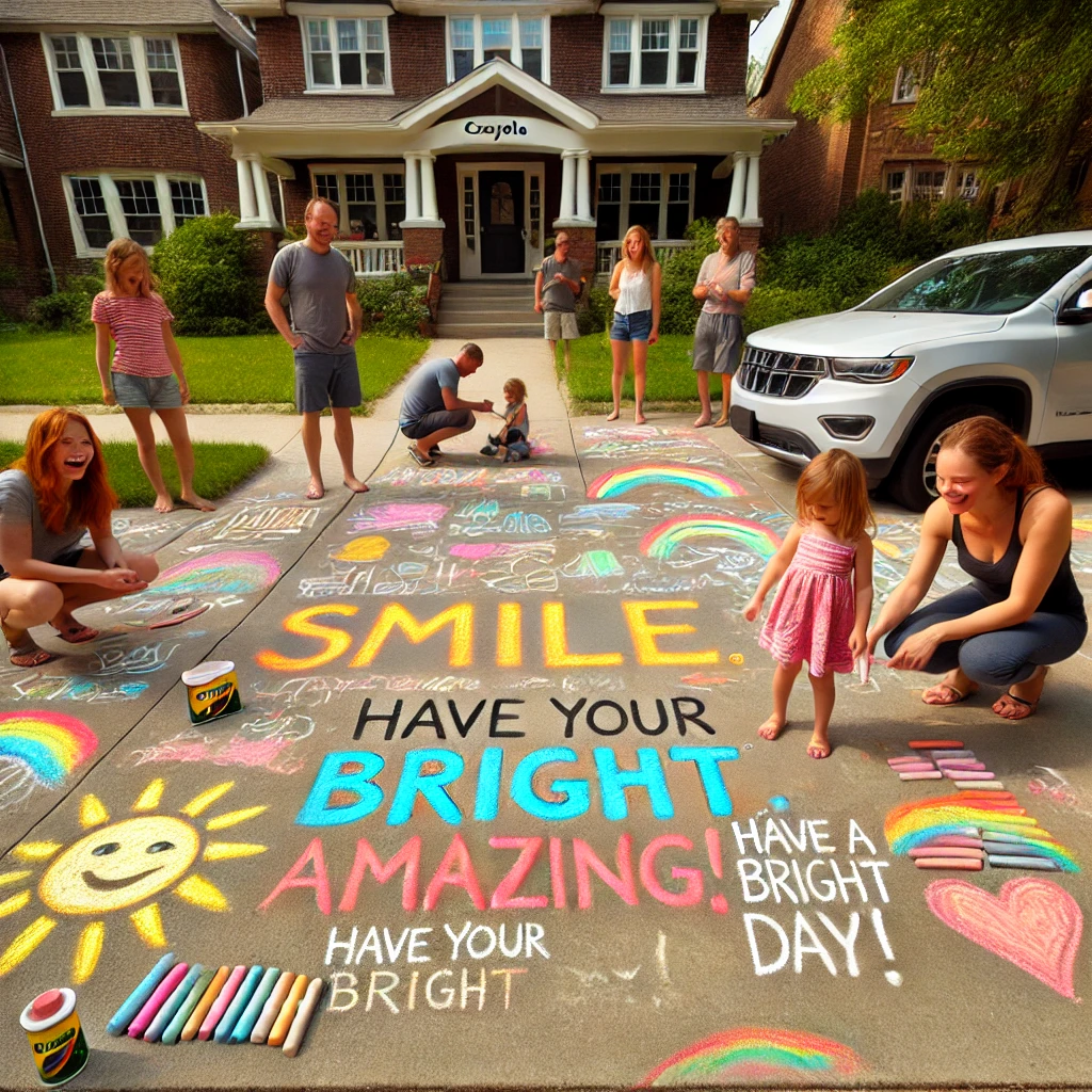 Emma spreads joy with Crayola chalk, writing uplifting messages and creating a community art gallery.