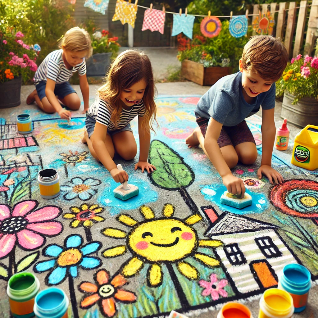 Children painting a colourful sidewalk mural with homemade chalk paint on a sunny day.