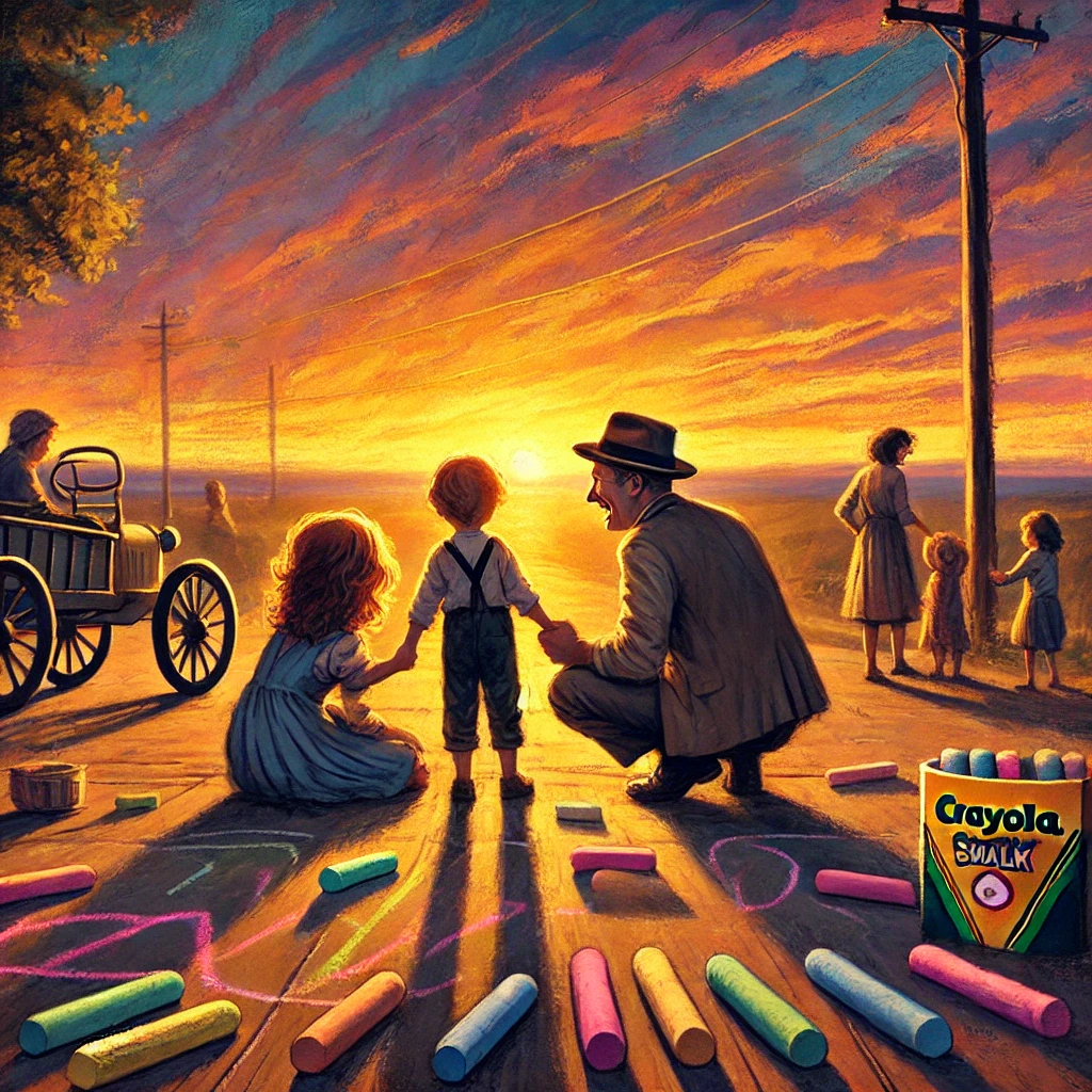 Smith family reflects on their Crayola sidewalk chalk creations as the sun sets, symbolizing creativity and connection.