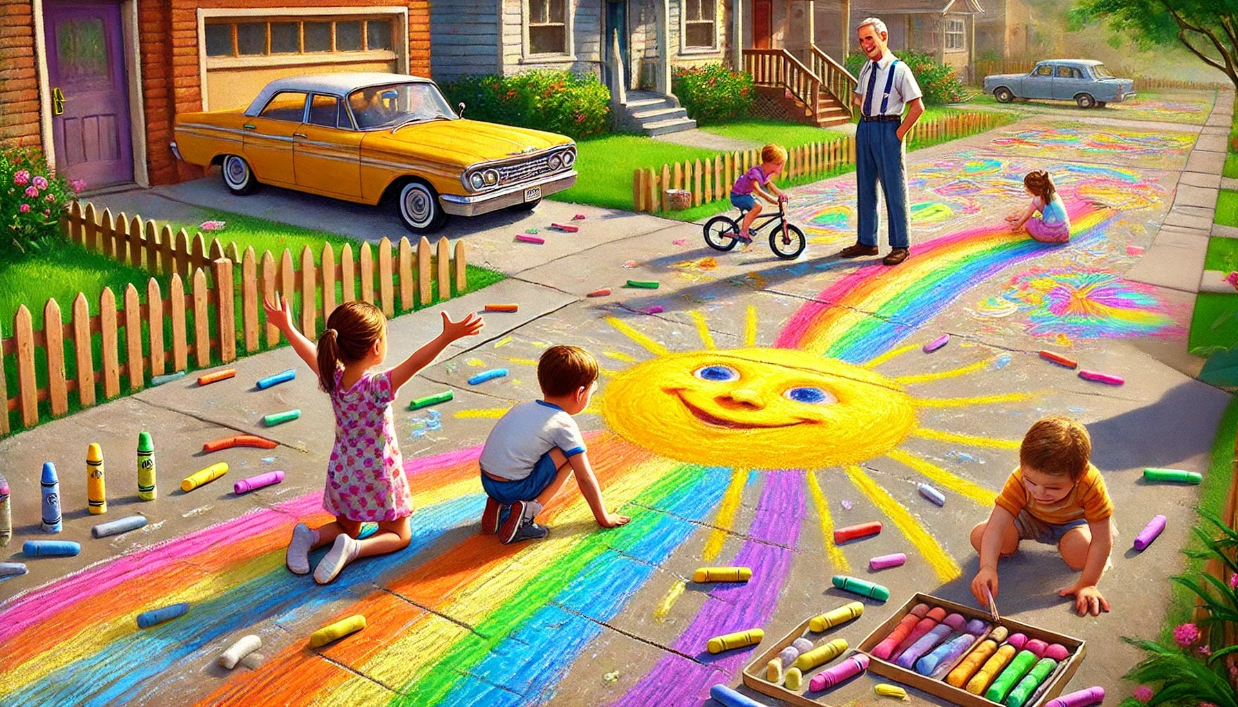 Children create colorful driveway art on a sunny morning, filling the space with vibrant drawings.