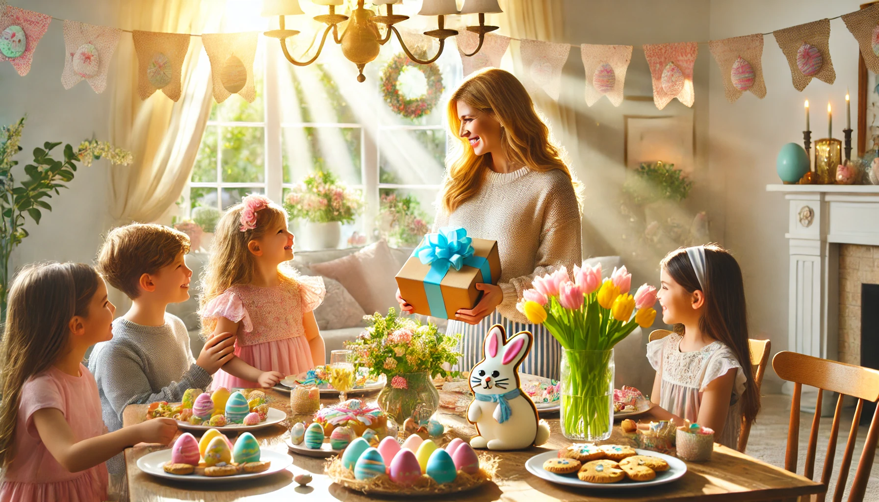 A festive Easter scene with family exchanging gifts, highlighting cheerful Easter gift ideas.