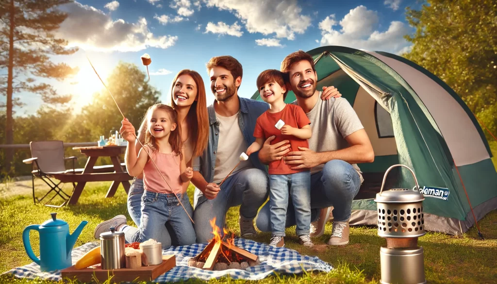 A happy family camping with a Coleman 4-person cabin tent under a sunny, partly cloudy sky.