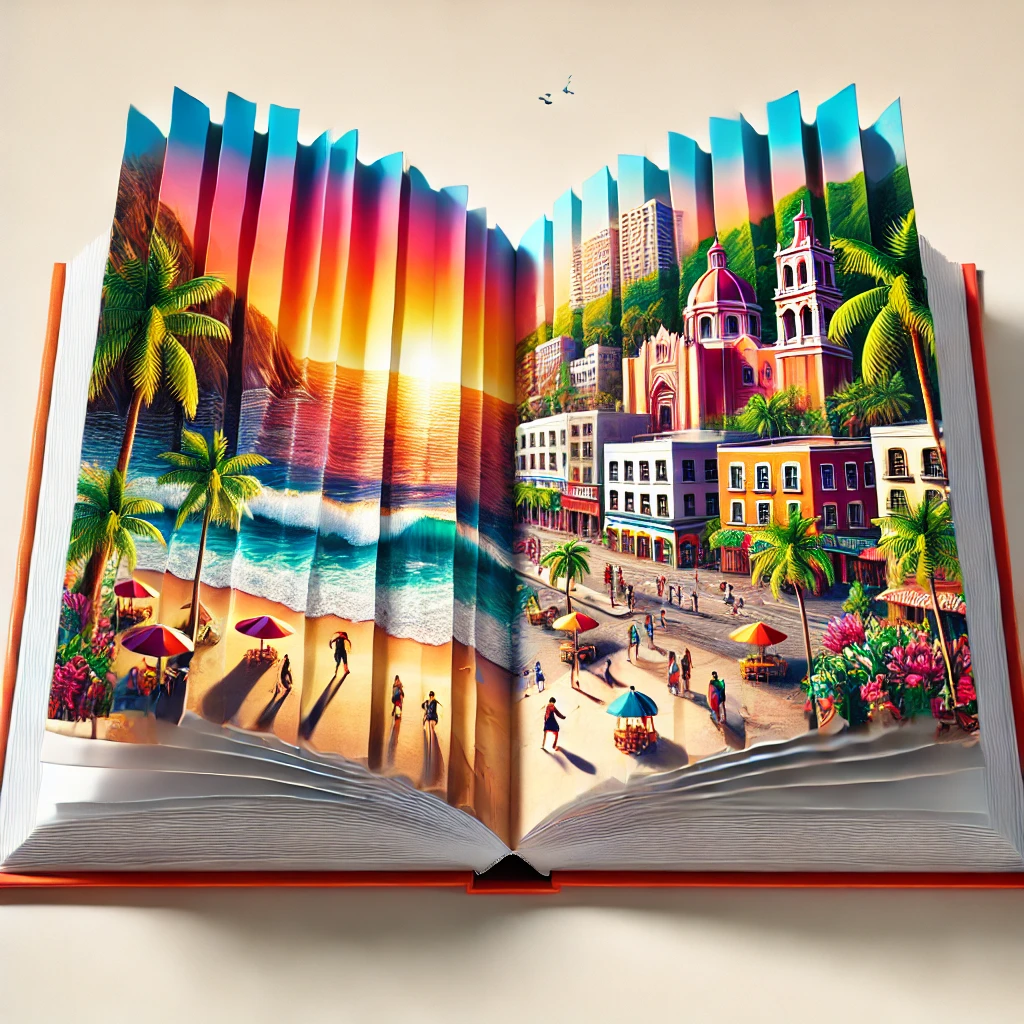 Open book with vibrant 3D scenes of Mazatlan, featured in Mazatlan Travel Guide.