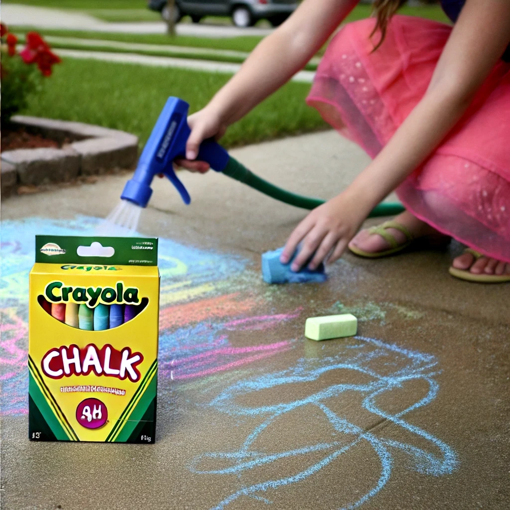 Crayola Sidewalk Chalk art being washed away with ease, leaving a clean surface for more creativity.