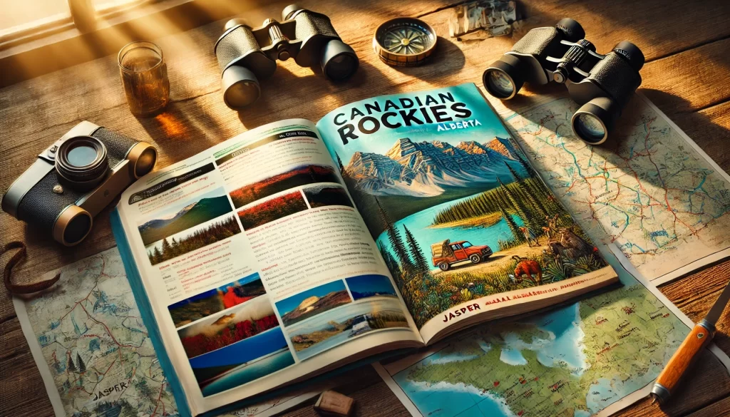 Open Moon Canadian Rockies guidebook on a rustic table with blurred text and adventure items.