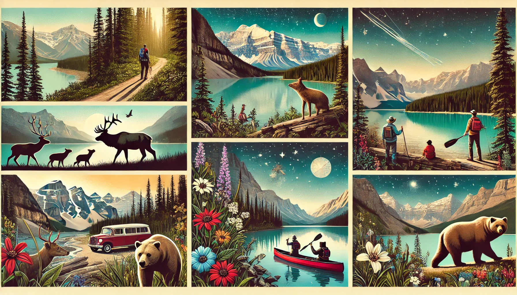 Collage of summer activities in Jasper National Park, Canada: hiking, wildlife, canoeing, and stargazing.