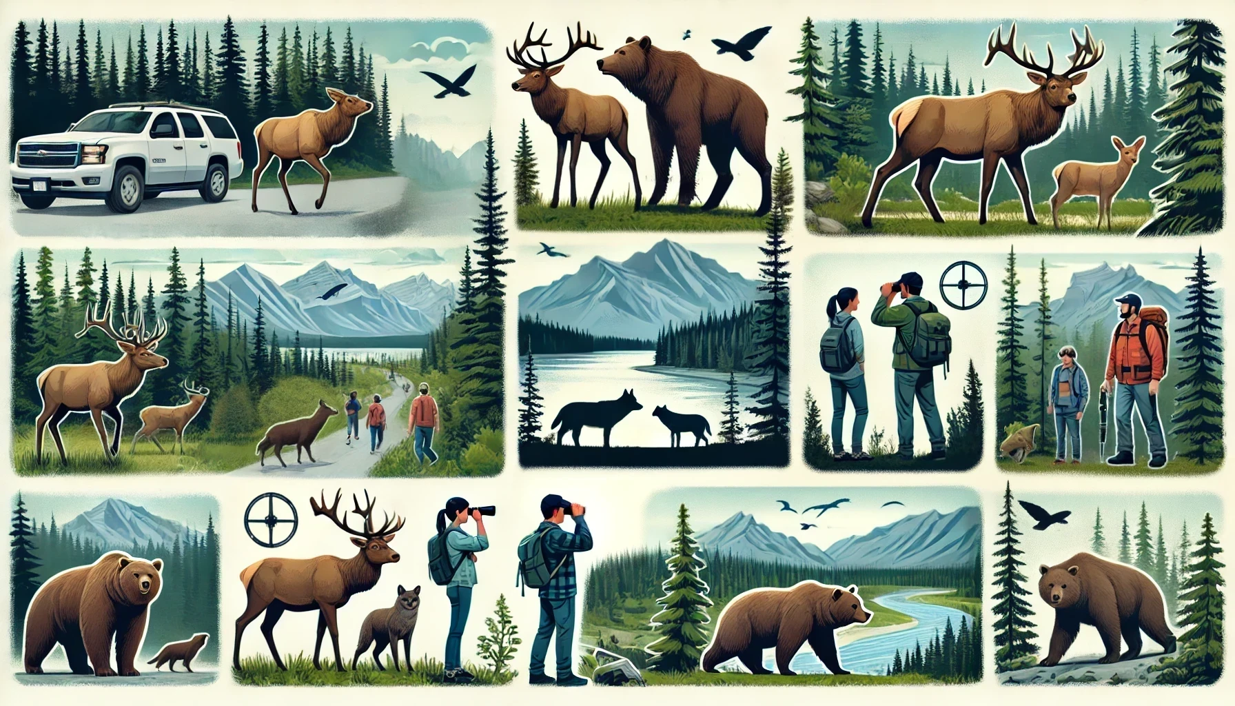 Wildlife watching in Jasper National Park in Canada, featuring elk, deer, wolves, and bears.