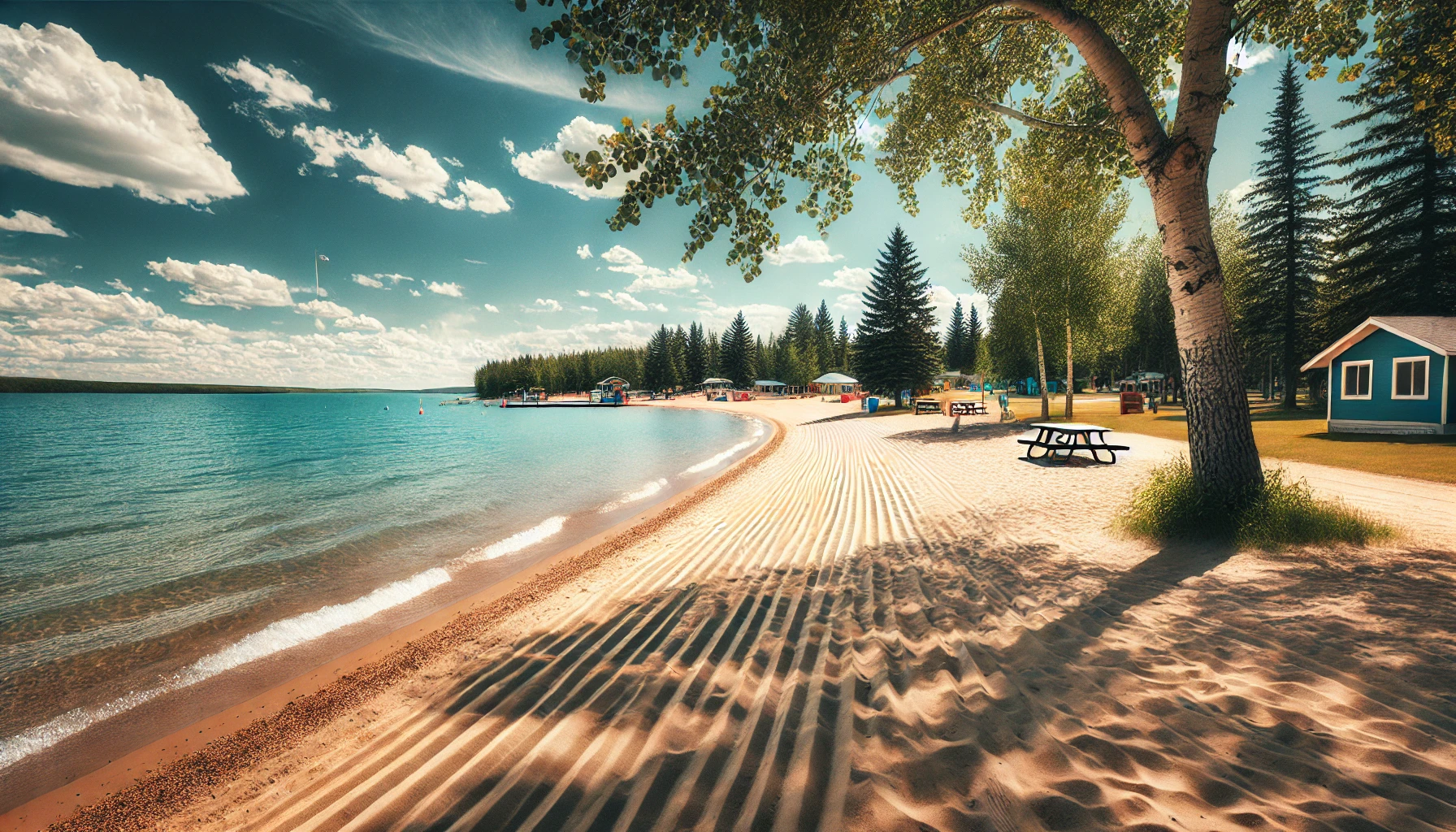 White sandy beach at Aspen Beach Provincial Park's Ebeling Day Use area with clear skies.