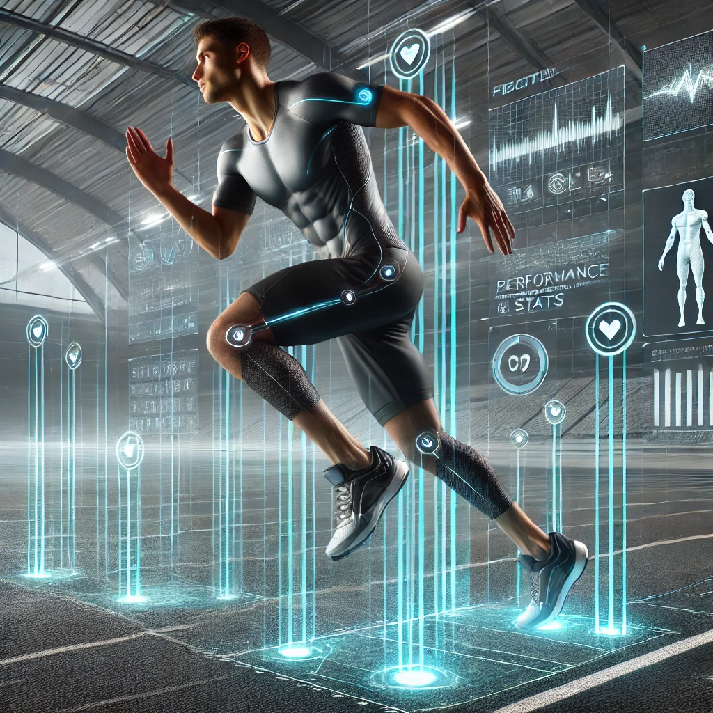 Futuristic athlete wearing smart shirt and insoles in high-tech sports facility showcasing wearable technology.