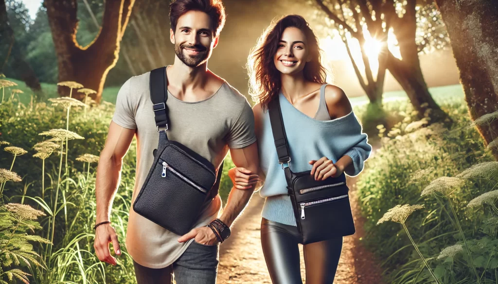 Man and woman walking on a nature trail, each wearing a black crossbody backpack outdoors.