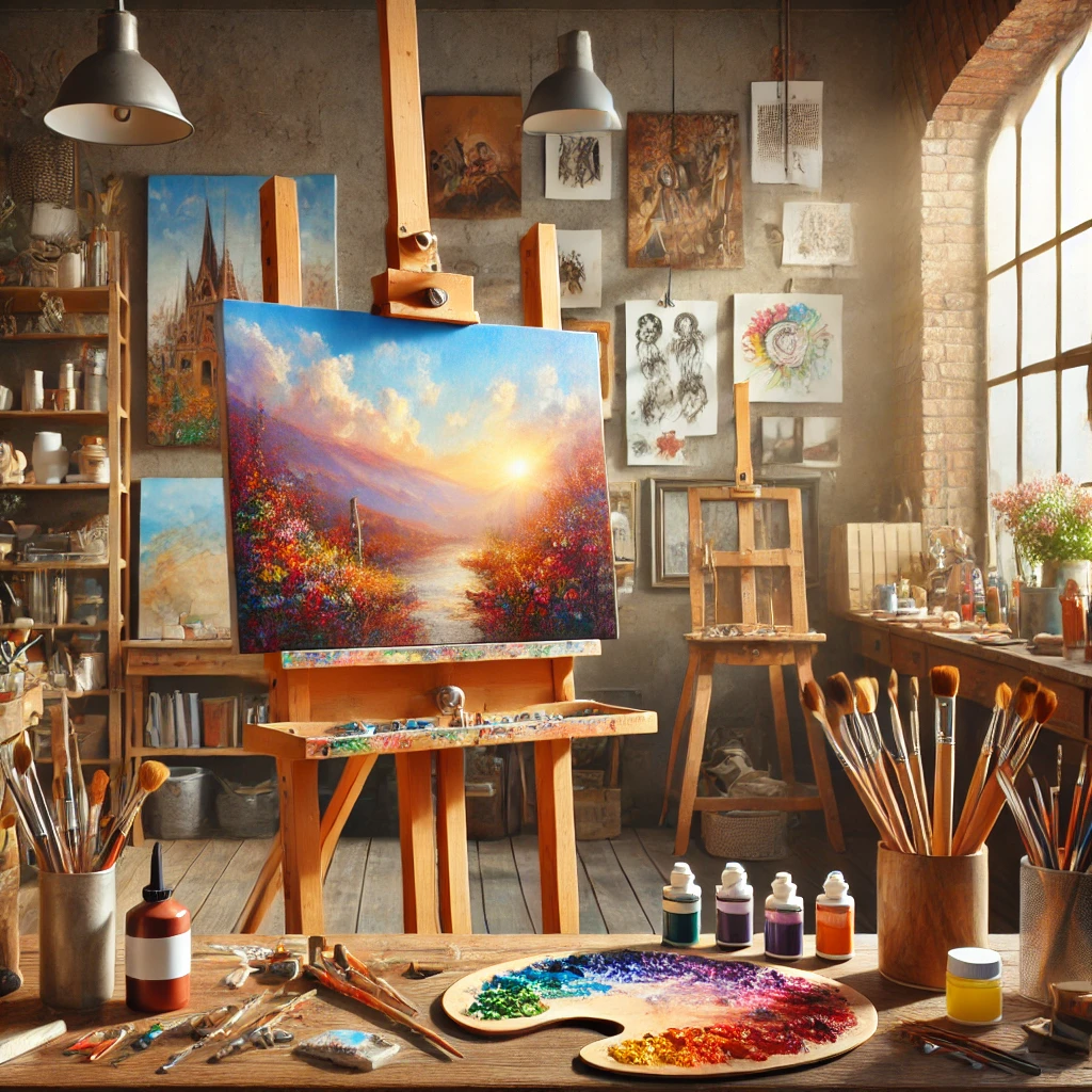 Vibrant professional artist studio setup with a French easel, tools, and creative energy.