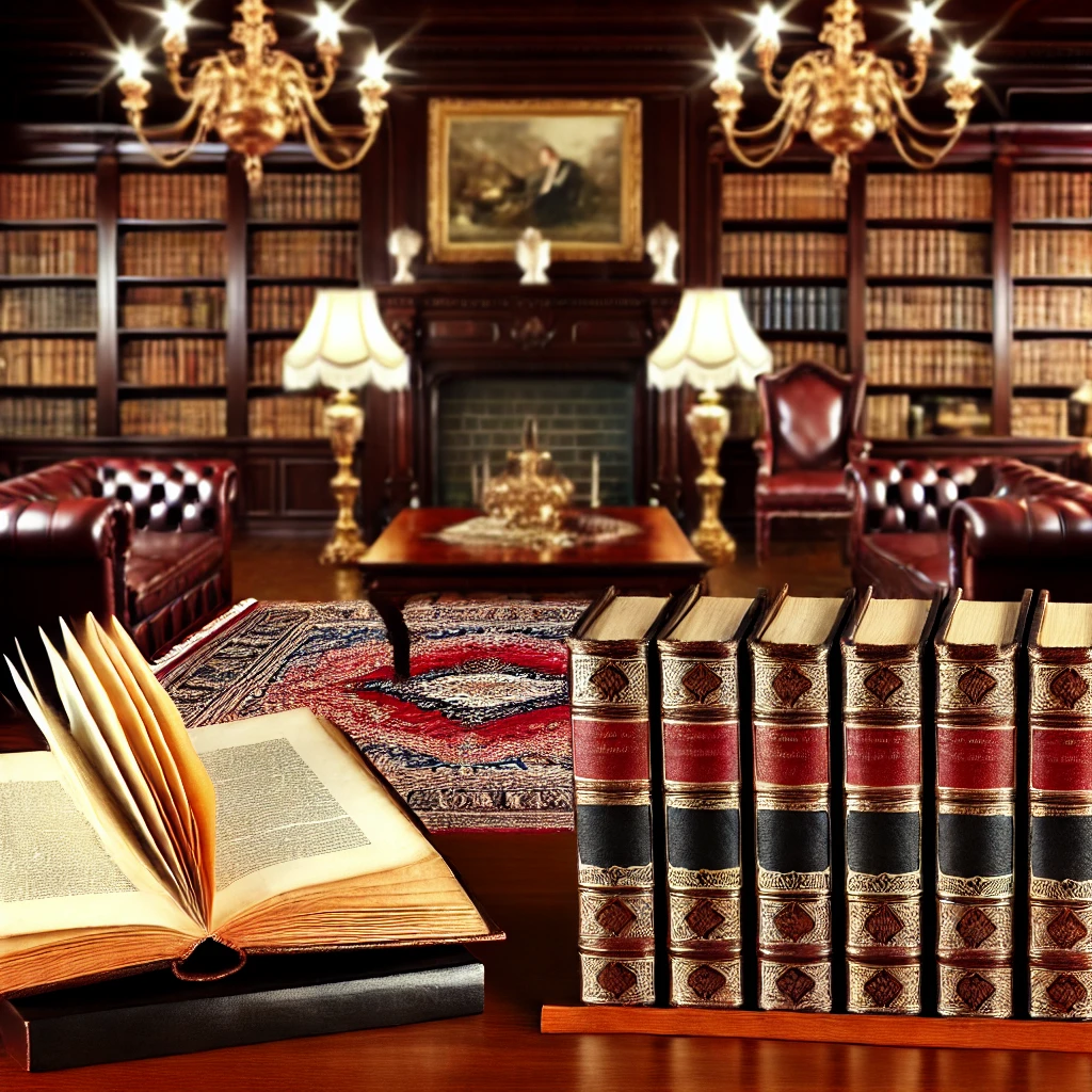 Elegant vintage library showcasing rare first-edition books on dark wood shelves and tables.