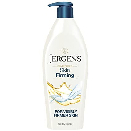 A bottle of Jergens Skin Firming Body Lotion for Dry to Extra Dry Skin, featuring skin-tightening cream with collagen and elastin for hydrated, youthful-looking skin.