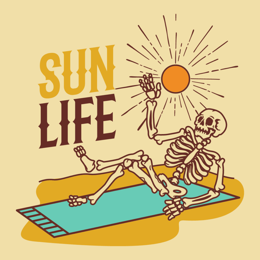 A human skeleton sits on a beach towel under the sun, showcasing after-sun Clarins products.