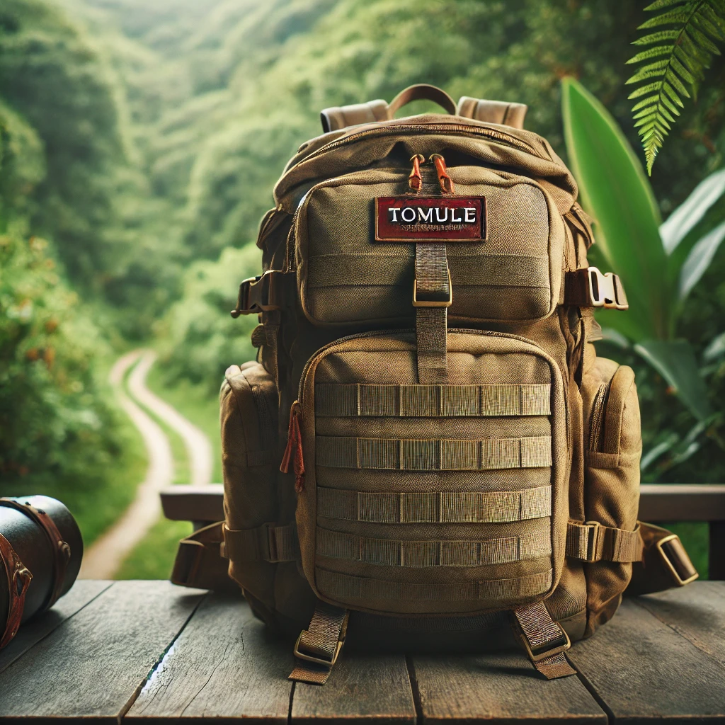 Green TOMULE Day Hiking Backpack on a wooden table with a forest trail background.