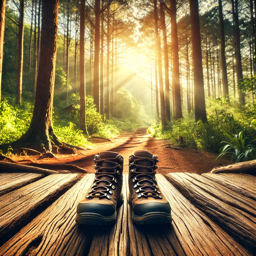 Hiking boots at the start of a forest trail, ready for a new adventure.