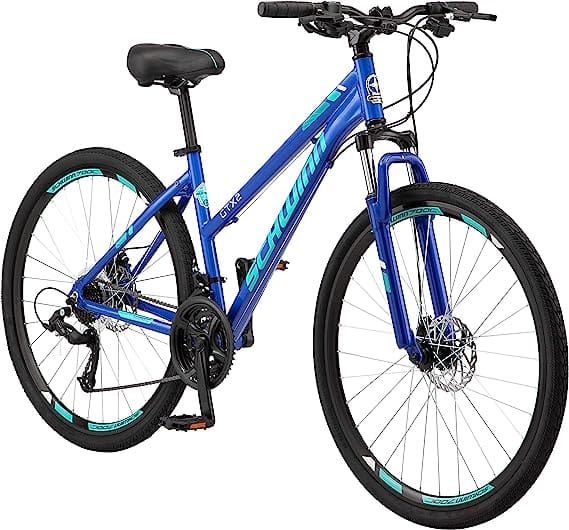 A Schwinn GTX 2.0 Comfort Adult Hybrid Bike parked outdoors, featuring a sleek design with a lightweight aluminum frame, 21-speed Shimano drivetrain, and mechanical disc brakes, perfect for beginners starting their cycling journey.