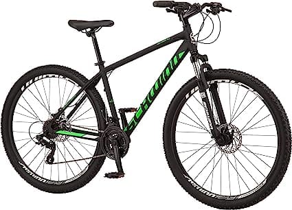 A Schwinn High Timber Youth/Adult Mountain Bike featuring a sturdy steel frame, front suspension fork, 21-speed Shimano drivetrain, linear pull brakes, and 27.5-inch wheels with all-terrain tires, perfect for cross-country biking.