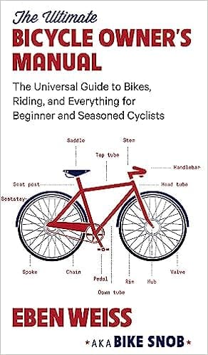 A book cover with the title The Ultimate Bicycle Owner’s Manual: The Universal Guide to Bikes, Riding, and Everything for Beginner and Seasoned Cyclists, written by Eben Weiss. The cover has a blue background and shows a drawing of a bicycle with various parts labeled.