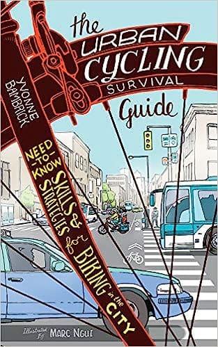 Cover image of 'The Urban Cycling Survival Guide' book, featuring a stylized illustration of a cyclist navigating through a bustling cityscape.