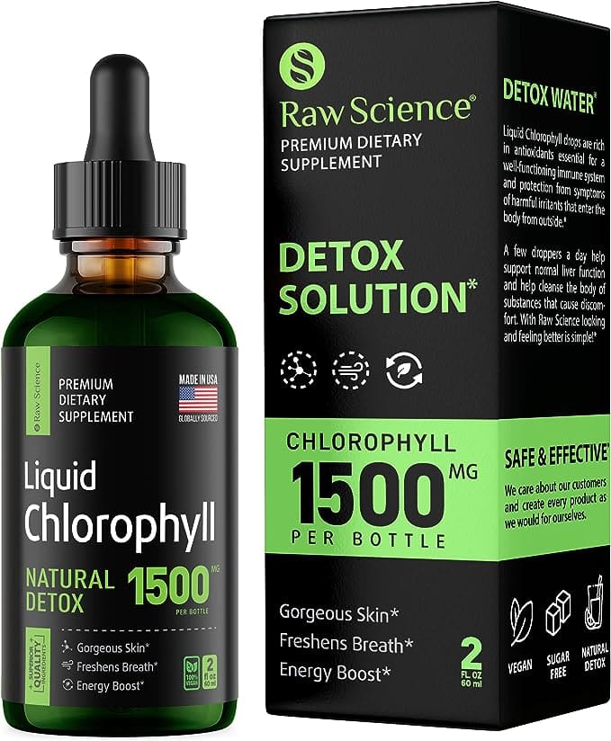 A bottle of Chlorophyll Liquid Drops, a health supplement made from Organic Chlorophyll, designed to provide a Natural Energy Boost. This product is featured in the blog post 'Transform Your Wellbeing: 5 Amazing Facts about Aerobic Oxygen Drops'.