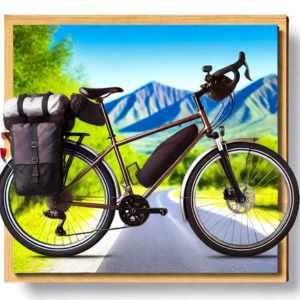 Touring bikes equipped with panniers on a scenic mountain road, ready for long-distance travel.