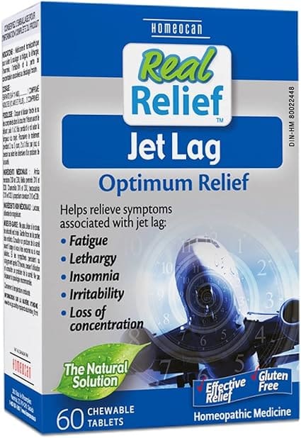 A bottle of Homeocan's Jet Lag Tablets, available on Amazon Canada, which are specially formulated to alleviate symptoms associated with jet lag. This is an effective solution, as part of our ultimate guide to restful travel, for Canadian travellers seeking to combat jet lag.