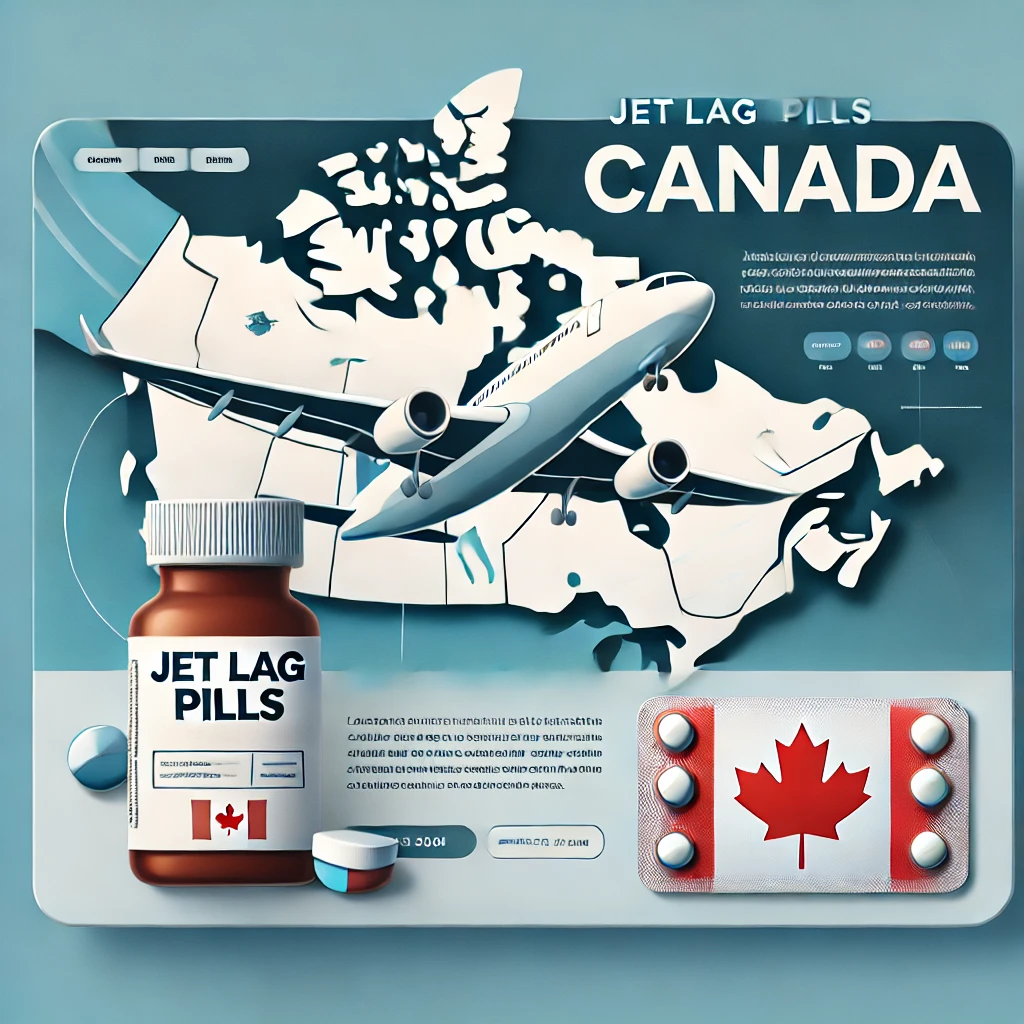 Jet Lag Pills Canada feature image with airplane and pill bottle on a map.