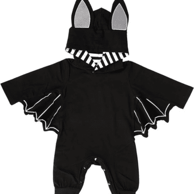 Adorable infant in black bat-themed romper, a spooky-cute addition to Baby Halloween Outfits. Soft hoodie with attached wings and ears, perfect for babies aged 0-18 months ready for nighttime adventures.