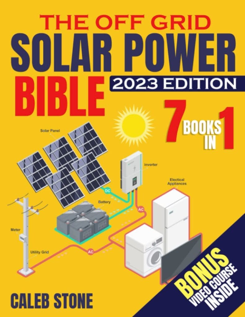 A cover image of 'The Off Grid Solar Power Bible: [7 in 1] Easy Illustrated DIY Guide + VIDEO COURSE,' the featured product in the blog post 'Ultimate DIY Solar System Review | Bible Guide + VIDEO.' The image showcases the book's title and design, emphasizing the focus keyword 'DIY Solar System.'