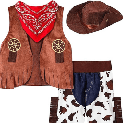 Toddler Western Cowboy Halloween costume featuring a brown vest, red bandana, and beige cowboy hat. Baby Halloween Outfits for dress-up and trick-or-treating. Includes accessories for a complete cowboy look.