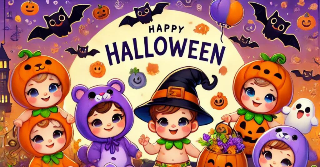 Cartoon babies in adorable baby Halloween outfits, surrounded by playful pumpkins and spooky bats.