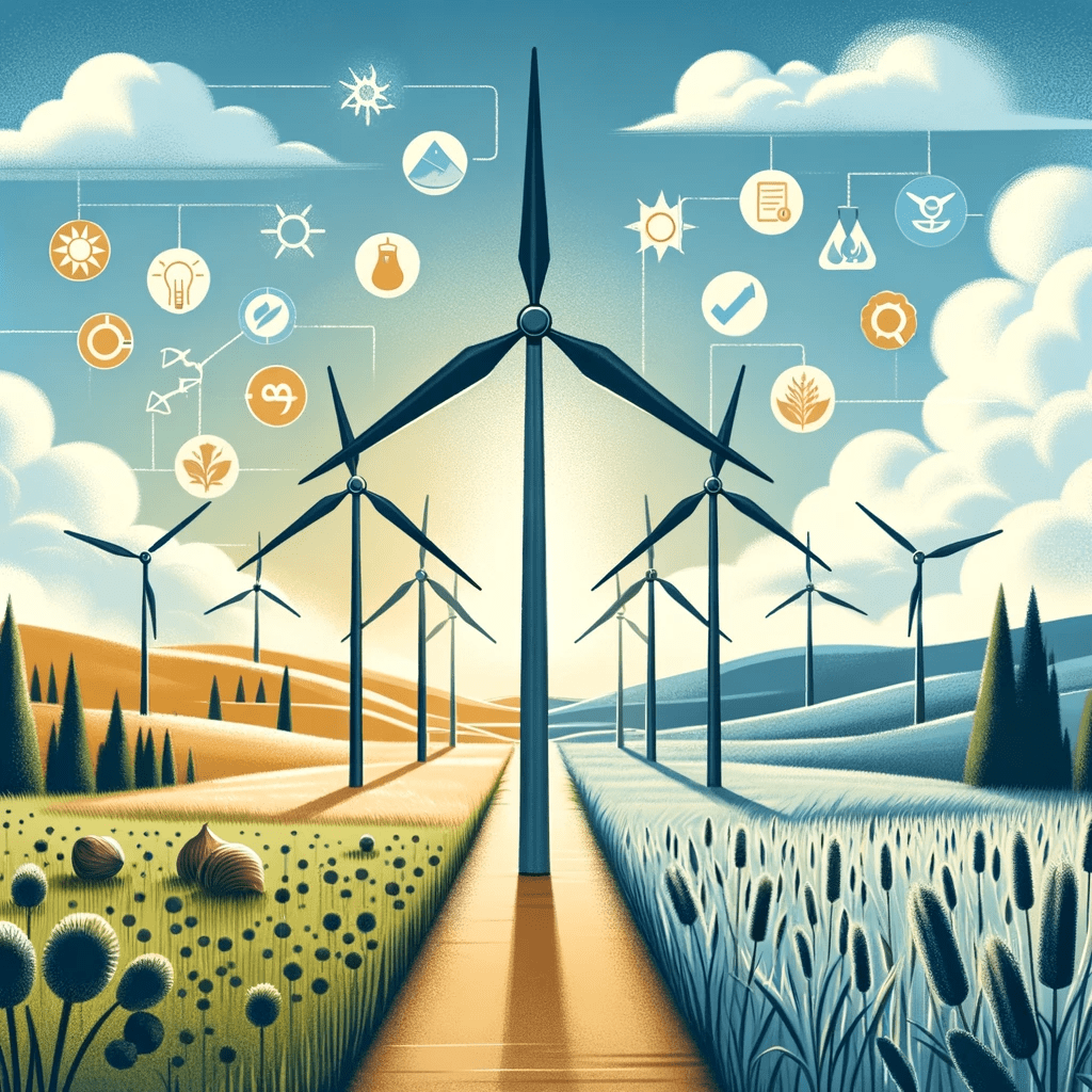 An illustrative image depicting a balanced view of wind energy pros and cons, featuring wind turbines in a serene landscape, alongside symbols representing both the environmental benefits and the challenges such as intermittency and impact on wildlife, encapsulating the essence of the blog post 'Wind Energy Pros and Cons: The Definitive Analysis.'