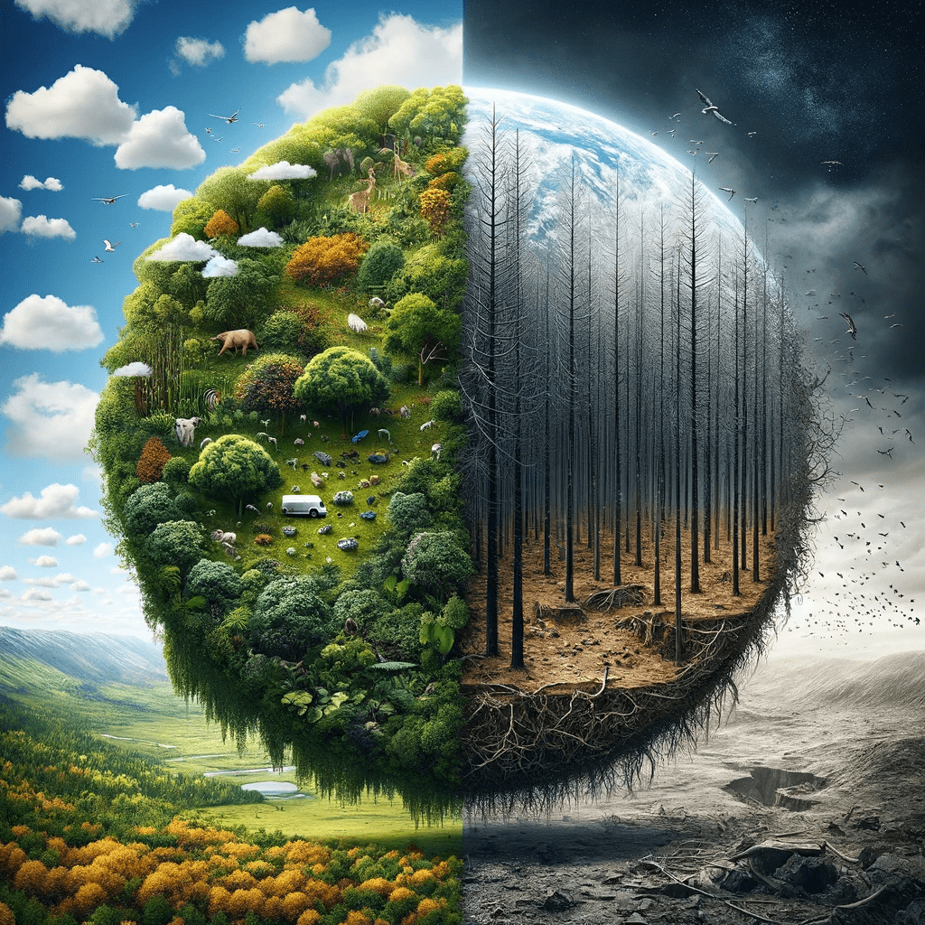 A compelling visual metaphor for the blog post 'Powerful Clarification | Is Climate Change Real Or Not?'. The image depicts a stark contrast between two environmental realities. On one side, there is a thriving ecosystem with lush greenery, vibrant wildlife, and clear skies, symbolizing a healthy planet. The other side shows a desolate landscape with barren trees, polluted air, and an absence of animal life, representing environmental deterioration. This powerful juxtaposition highlights the critical question: is climate change real?