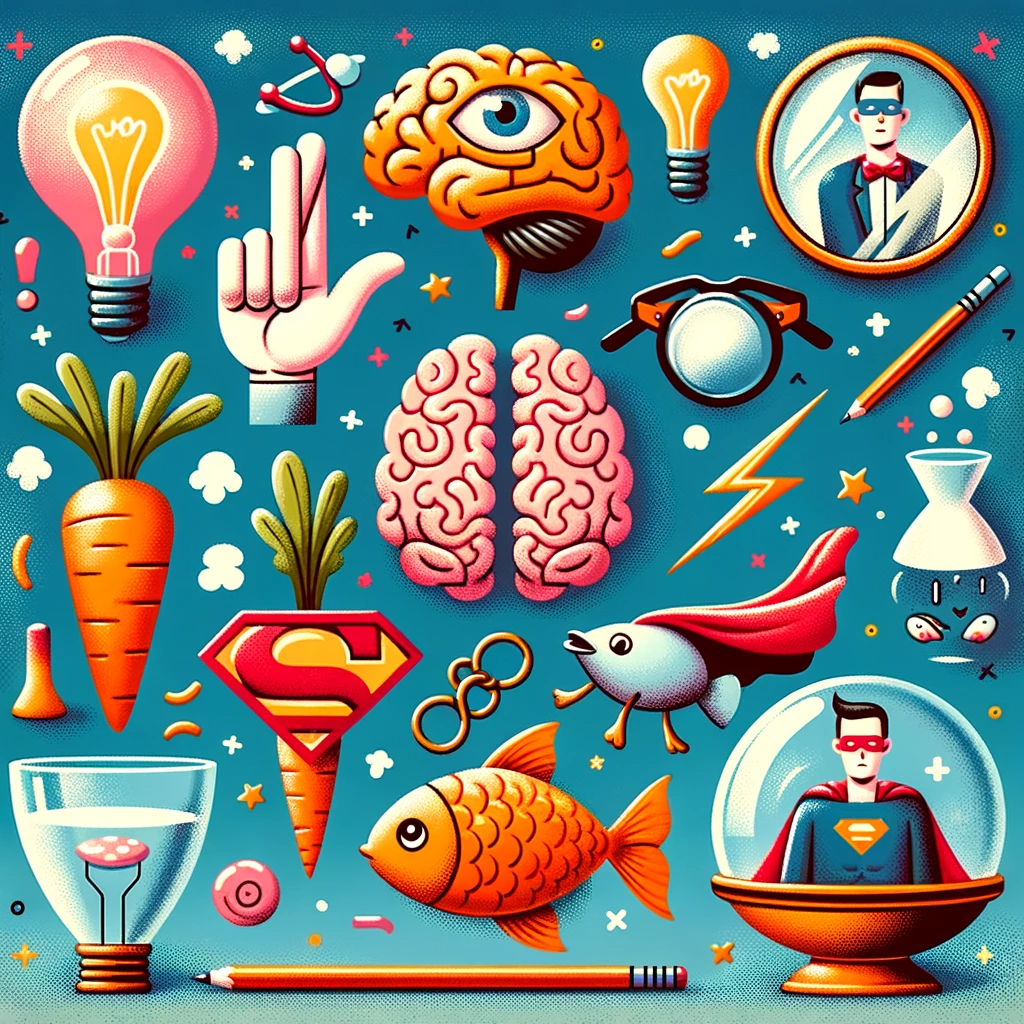 Whimsical and colourful illustration featuring symbols of common misconceptions for the blog post 'Hilarious Misunderstandings: Unpacking Funny Misconceptions.' The image includes a brain surrounded by lightbulbs, signifying bright ideas and misconceptions; a pair of crossed fingers behind a back, representing deceit or wishful thinking; a goldfish in a bowl, challenging the misconception about short memory; and a superhero-caped carrot, debunking nutrition myths. A cracked mirror adds to the theme of distorted realities, all set in a playful and humorous atmosphere, embodying the essence of funny misconceptions.