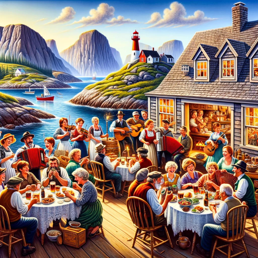 Animated kitchen party in a traditional Newfoundland wooden house with people playing accordions and fiddles, dancing, and engaging in conversations, set against a scenic backdrop of rugged cliffs, a lighthouse, and the ocean with fishing boats under a clear blue sky, capturing the spirit of the Newfoundland Slang Dictionary.