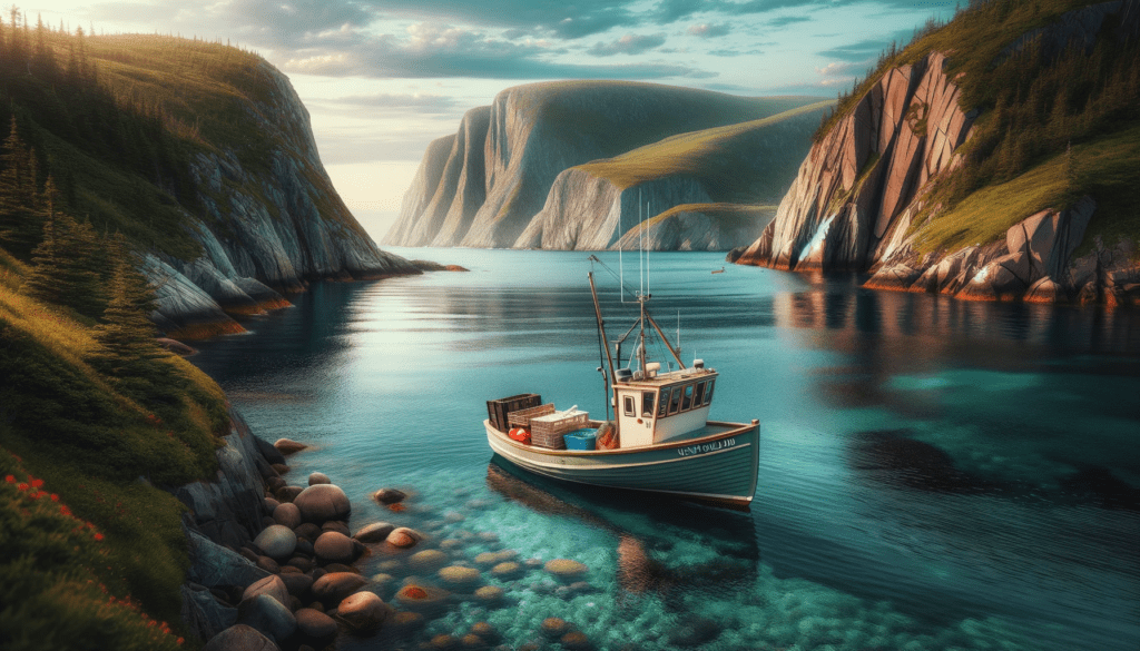 A picturesque scene of the Newfoundland Fishery, capturing the essence of sustainable development. The image features a traditional fishing boat gently bobbing in the clear waters off the Newfoundland coast, filled with a modest catch of fish, symbolizing responsible fishing practices. In the background, the pristine Newfoundland coastline with rugged cliffs and lush greenery is visible, reflecting the region's natural beauty. The sky, painted in soft pastel hues, suggests early morning light. This serene and tranquil image is the feature for the blog post 'The Newfoundland Fishery: Pioneering Sustainable Development from Lost Livelihoods', highlighting the balance between livelihoods and environmental preservation.