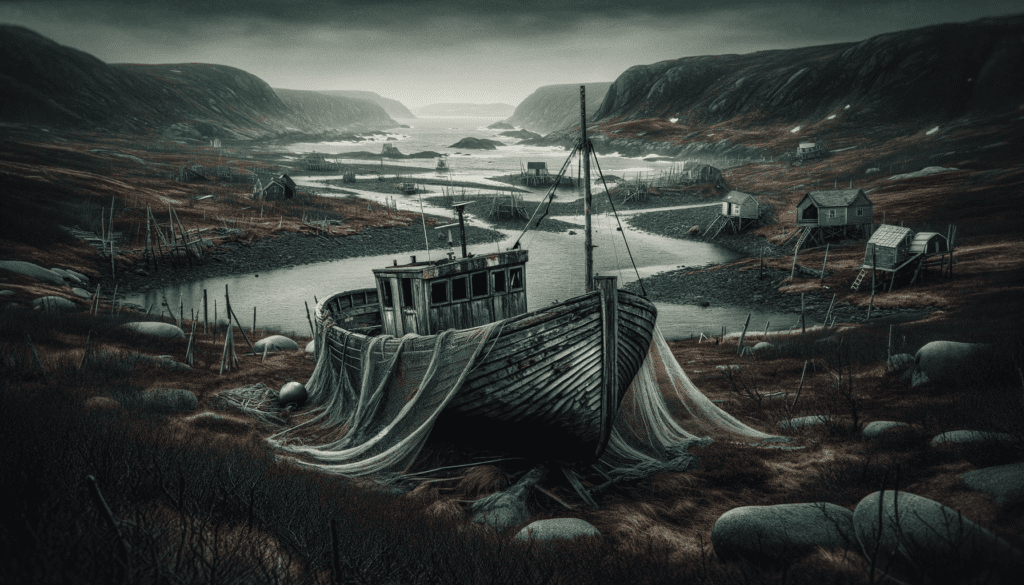 A weathered fishing boat sits empty, symbolizing the toll of overfishing on Newfoundland's communities.