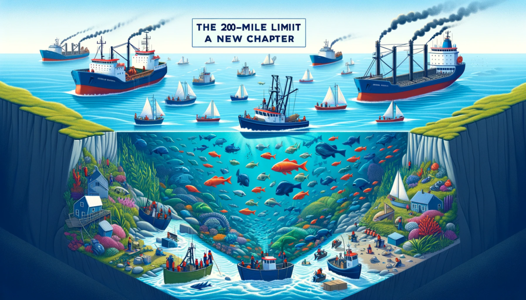 An illustrative split scene of Newfoundland's fishery, highlighting pre and post 200-mile limit changes.