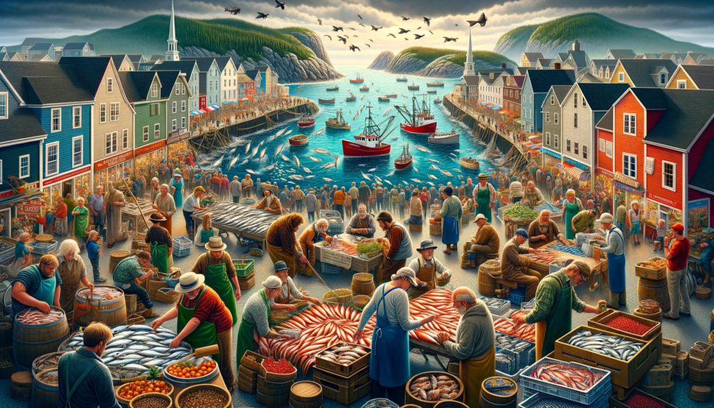 Illustration highlighting the fishery's crucial role in Newfoundland's bustling community life.