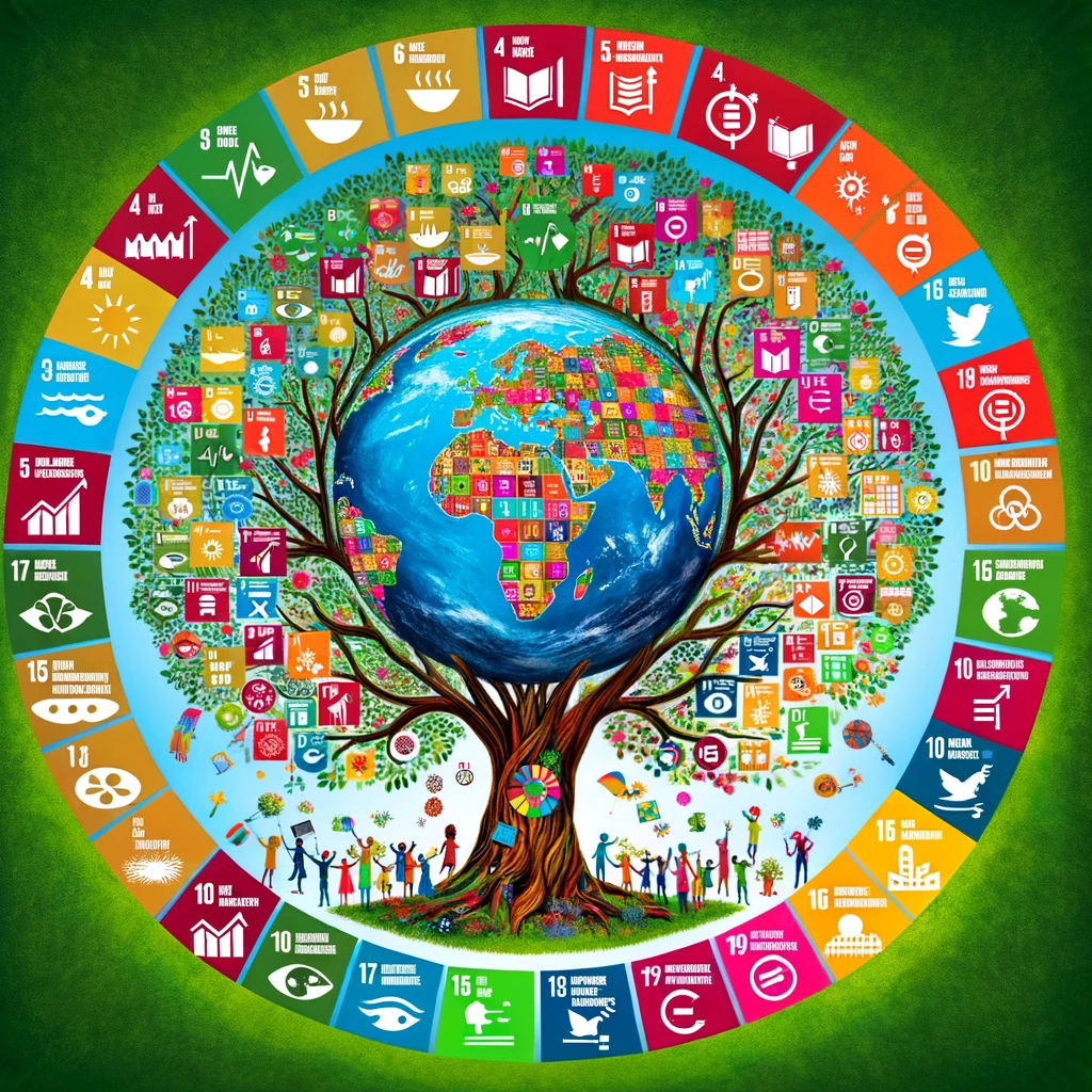 A vibrant depiction of the United Nations Sustainable Development Goals (SDGs), showing a large, flourishing tree with 17 distinct branches representing each of the 17 goals. The branches are adorned with various symbols, such as books for education, a heart for eradicating poverty, and a globe for climate action. Surrounding the tree, diverse individuals engage in activities like teaching, recycling, and planting, illustrating global efforts in sustainability. The background highlights a healthy Earth, emphasizing the commitment to planetary well-being and prosperity for all. Image for the blog post 'Sustainable Development Goals: Pioneering Sustainable Change'.