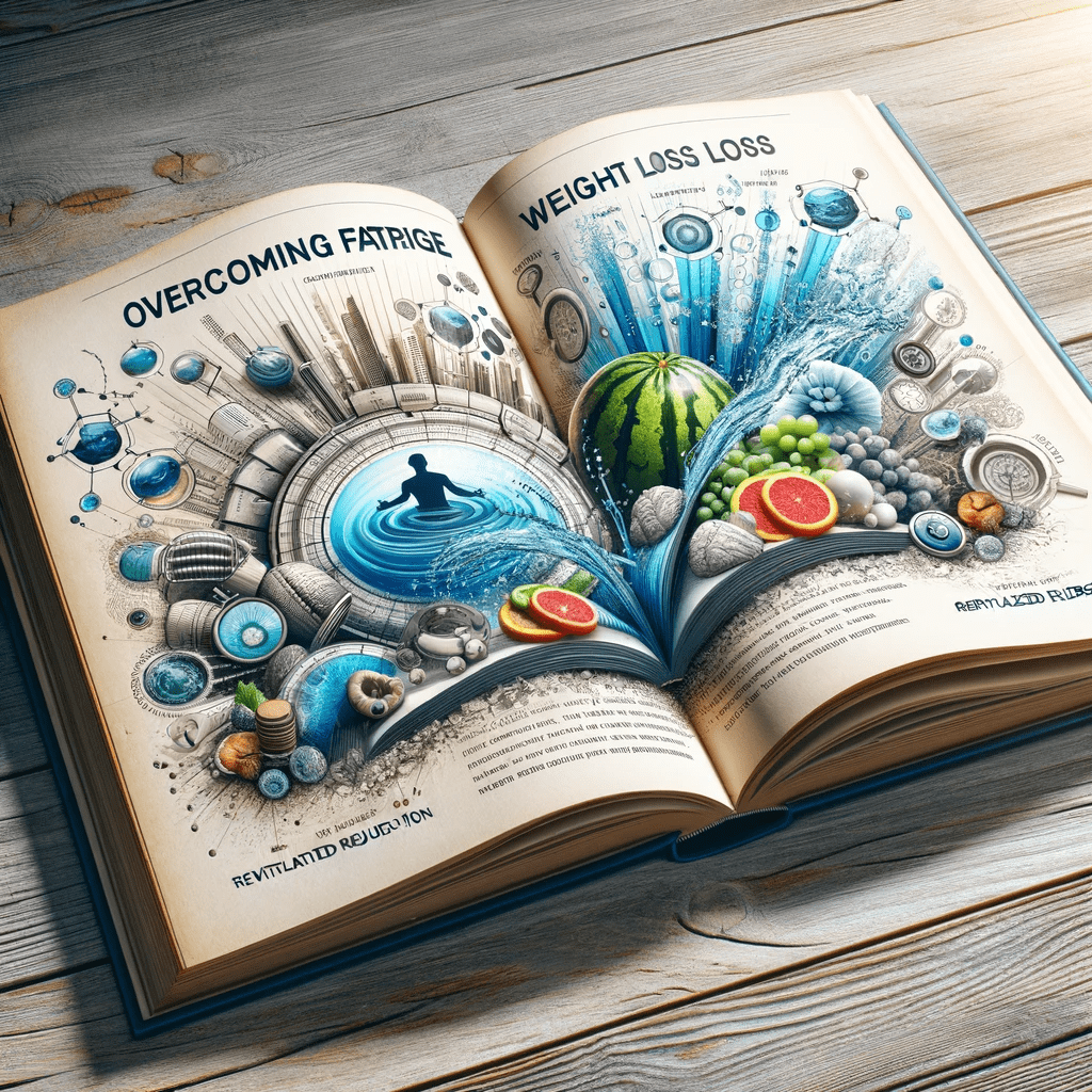 An open book displaying visual themes symbolizing overcoming fatigue, weight loss, and health rejuvenation through proper hydration is a product image for the glossary term 'Hydration.'