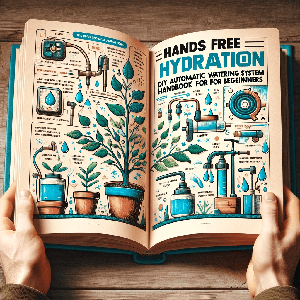 An open book titled 'Hands-Free Hydration: DIY Automatic Watering System Handbook for Beginners features pages with detailed illustrations and easy-to-follow instructions, serving as a product image for the glossary term 'Hydration.'