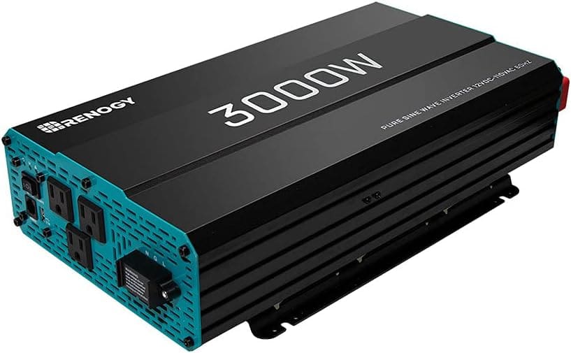 Renogy 3000W 12V Pure Sine Wave Inverter, a high efficiency 12V inverter designed for converting solar power battery from 12VDC to 120VAC, ETL Listed, shown with product details and purchase link.