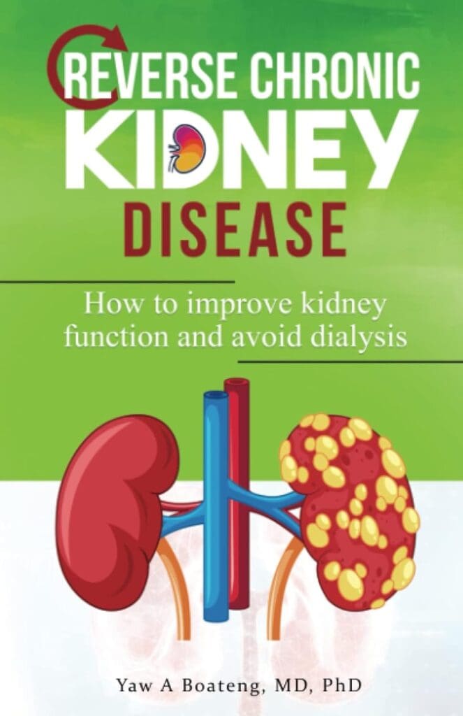 Cover image of the book 'Reverse Chronic Kidney Disease: How To Improve Kidney Function And Avoid Dialysis', featuring a graphic of a healthy kidney surrounded by green leaves, symbolizing natural kidney health. The book is presented as a feature product for the blog post 'Kidney Failure Treatment Without Dialysis: The Ultimate Guide', indicating a focus on alternative therapies and strategies to manage kidney health without relying on dialysis.