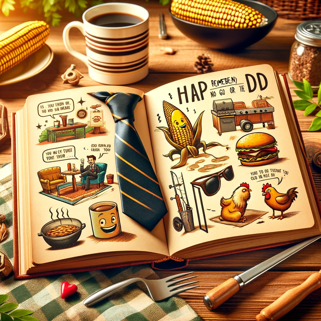 An open book on a wooden table featuring illustrations of classic dad items like a tie, grill, fishing rod, and coffee mug for the 'Father's Day' glossary term post.