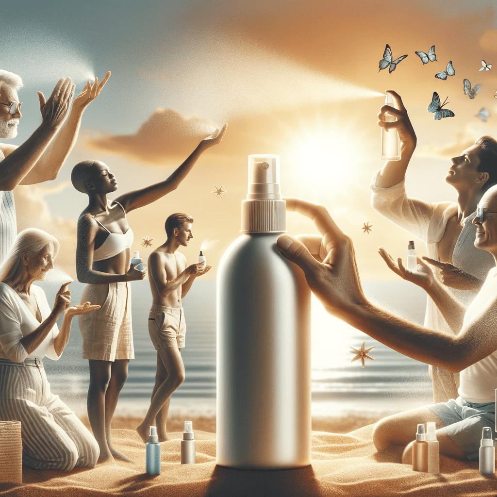 Product image depicting diverse individuals of various ages and skin tones applying hydrating facial and body mist as an After Sun Moisturizer. The scene symbolizes the universal use and benefits of after-sun skincare, aligning with the post's focus on 'after-sun moisturizer'.