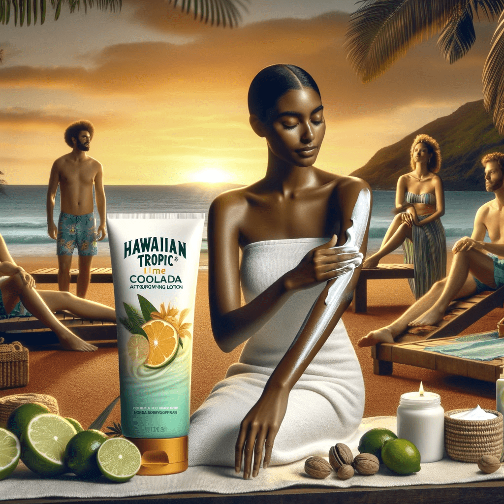 Image depicting a serene beach setting with Hawaiian Tropic Lime Coolada After Sun Moisturizing Lotion, symbolizing relaxation and skin care. This tranquil scene represents the soothing qualities of the lotion, aligning with the 'after-sun moisturizer' theme of the post.