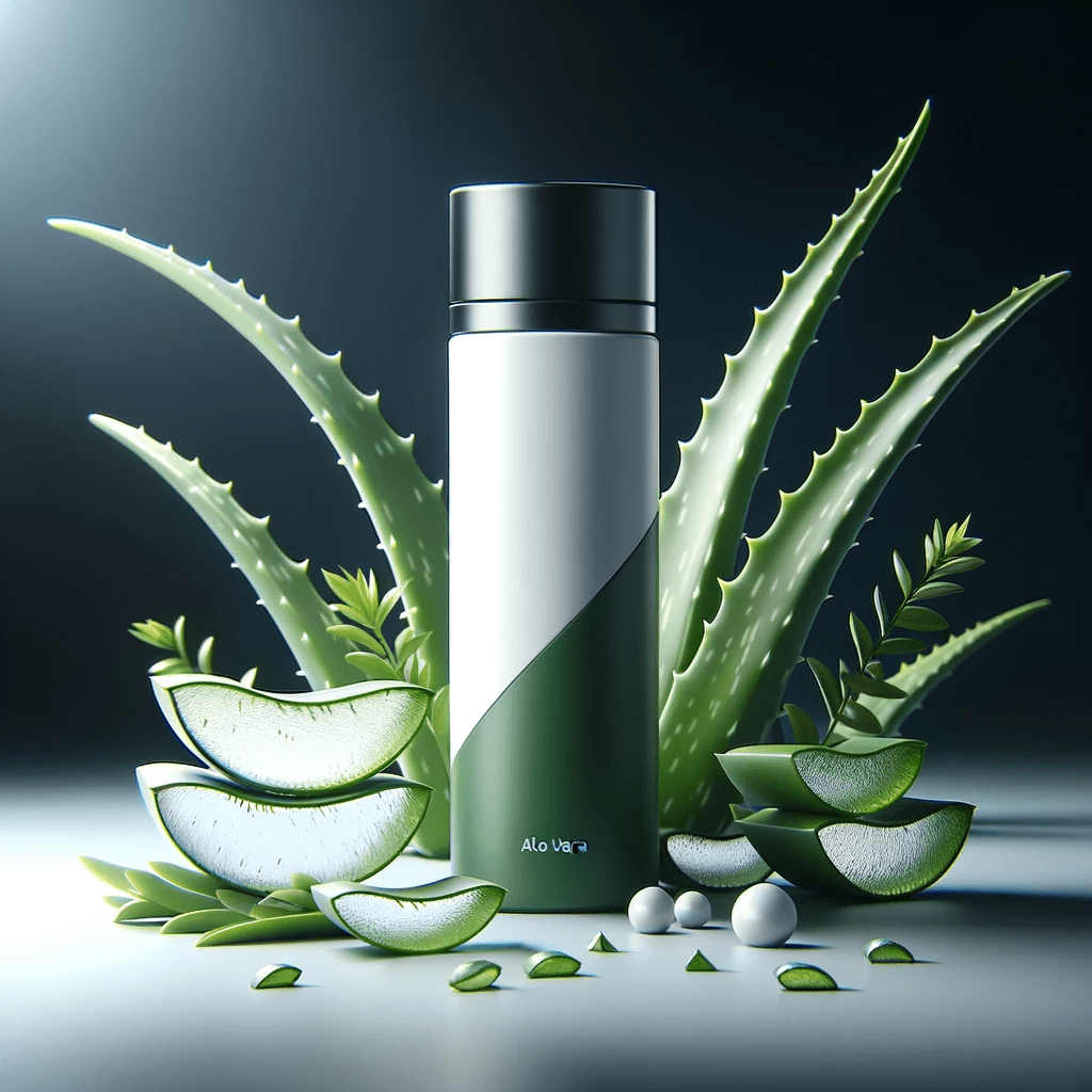 Product image symbolizing the use of Aloe Vera in modern skincare, featuring a sleek, modern bottle of Aloe Vera moisturizer. The bottle has a green and white color scheme, visually representing the natural and soothing properties of aloe vera, aligned with the keyword 'aloe vera' for the glossary term.